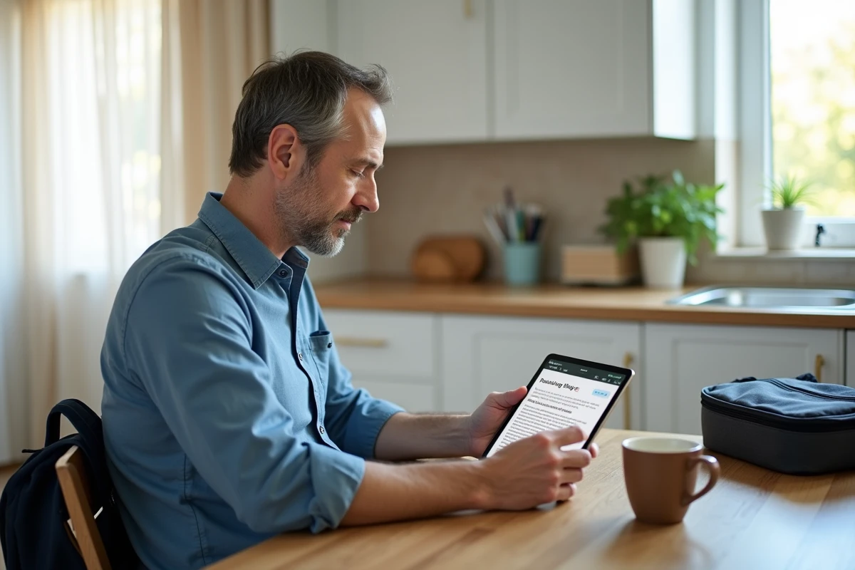 Père consultant un blog parental sur sa tablette pendant la routine matinale avant l'école, dans une cuisine familiale authentique