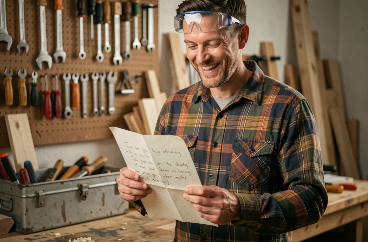 Père bricoleur lisant un poème manuscrit pour la fête des pères dans son atelier avec outils au mur