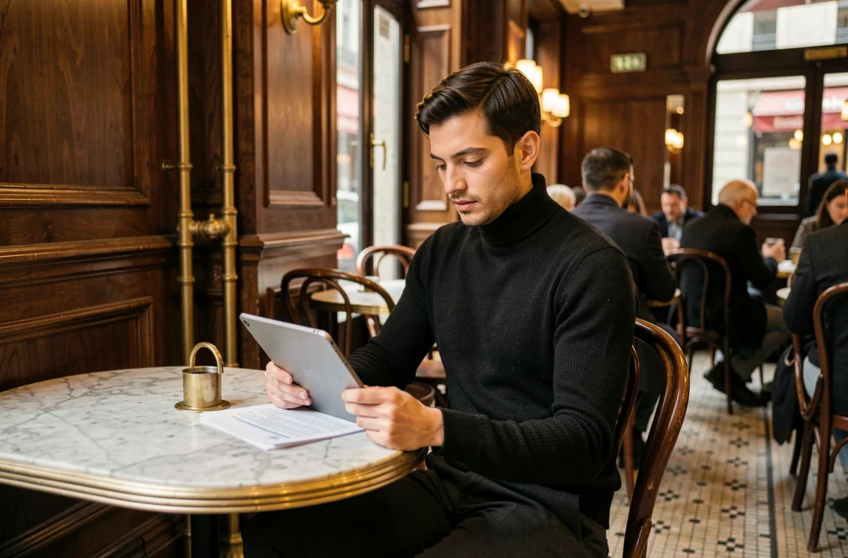 Personne concentrée consultant des documents dans une brasserie parisienne traditionnelle aux boiseries sombres