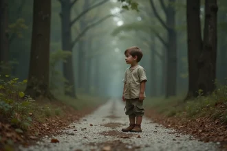 Petit garçon en vêtements usés seul devant une forêt dense avec des cailloux blancs sur le chemin, illustrant le conte du Petit Poucet
