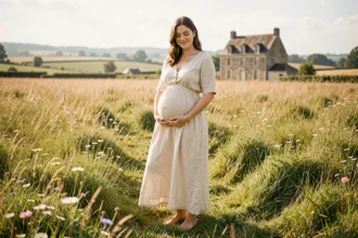 Photographe de grossesse dans les Pays de la Loire, femme enceinte dans un champ fleuri de Loire-Atlantique