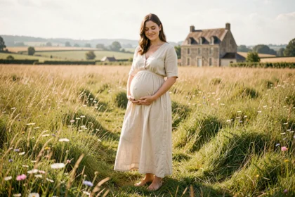 Photographe de grossesse dans les Pays de la Loire, femme enceinte dans un champ fleuri de Loire-Atlantique