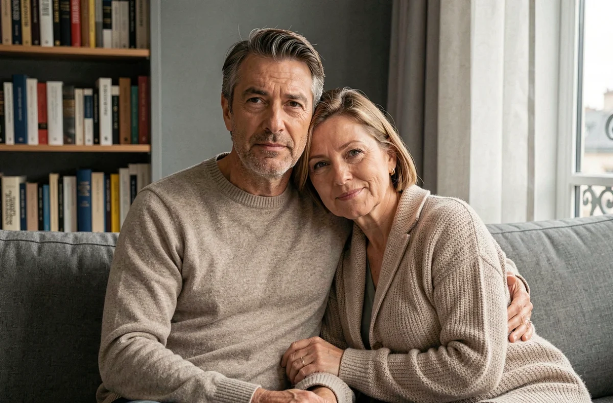 Portrait intime d'un couple épanoui dans un appartement parisien moderne, reflétant complicité et confiance mutuelle