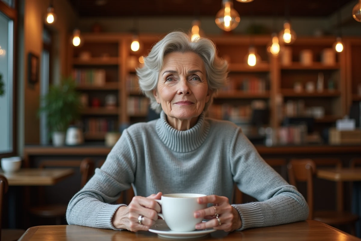 Portrait intimiste d'une femme publique attablée dans un café parisien tenant un café, illustrant la frontière entre vie publique et vie privée
