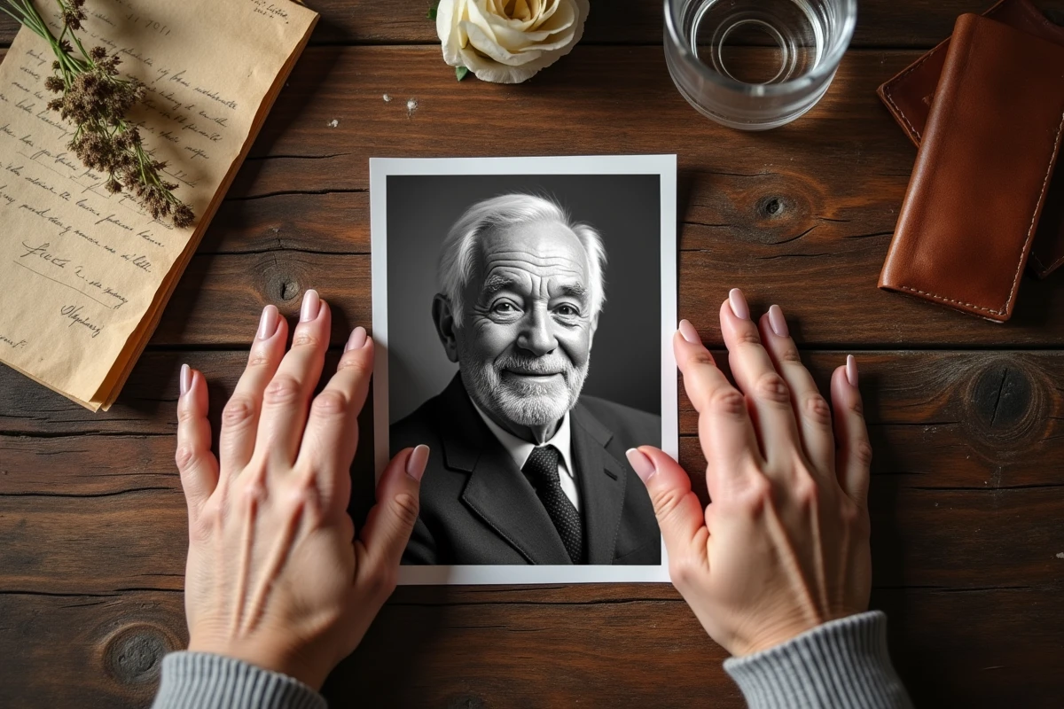 Portrait d'un père décédé posé sur une table avec une lettre manuscrite et des objets souvenirs, mains de sa fille autour du cadre