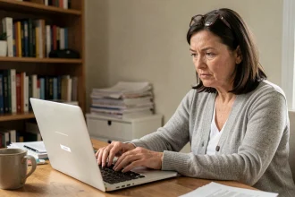 Femme d'âge mûr essayant de se connecter pour la première fois à un espace personnel de tutelle en ligne sur un ordinateur portable