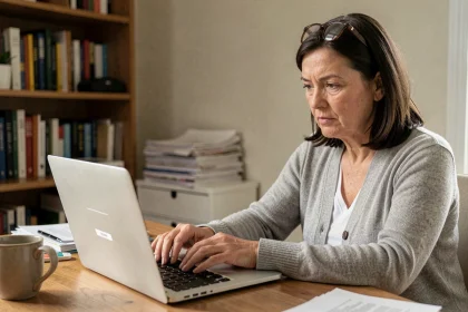 Femme d'âge mûr essayant de se connecter pour la première fois à un espace personnel de tutelle en ligne sur un ordinateur portable