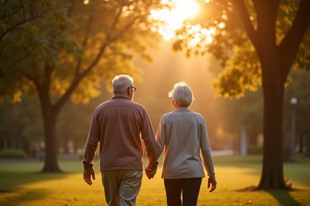 Couple de seniors marchant dans un parc au coucher du soleil