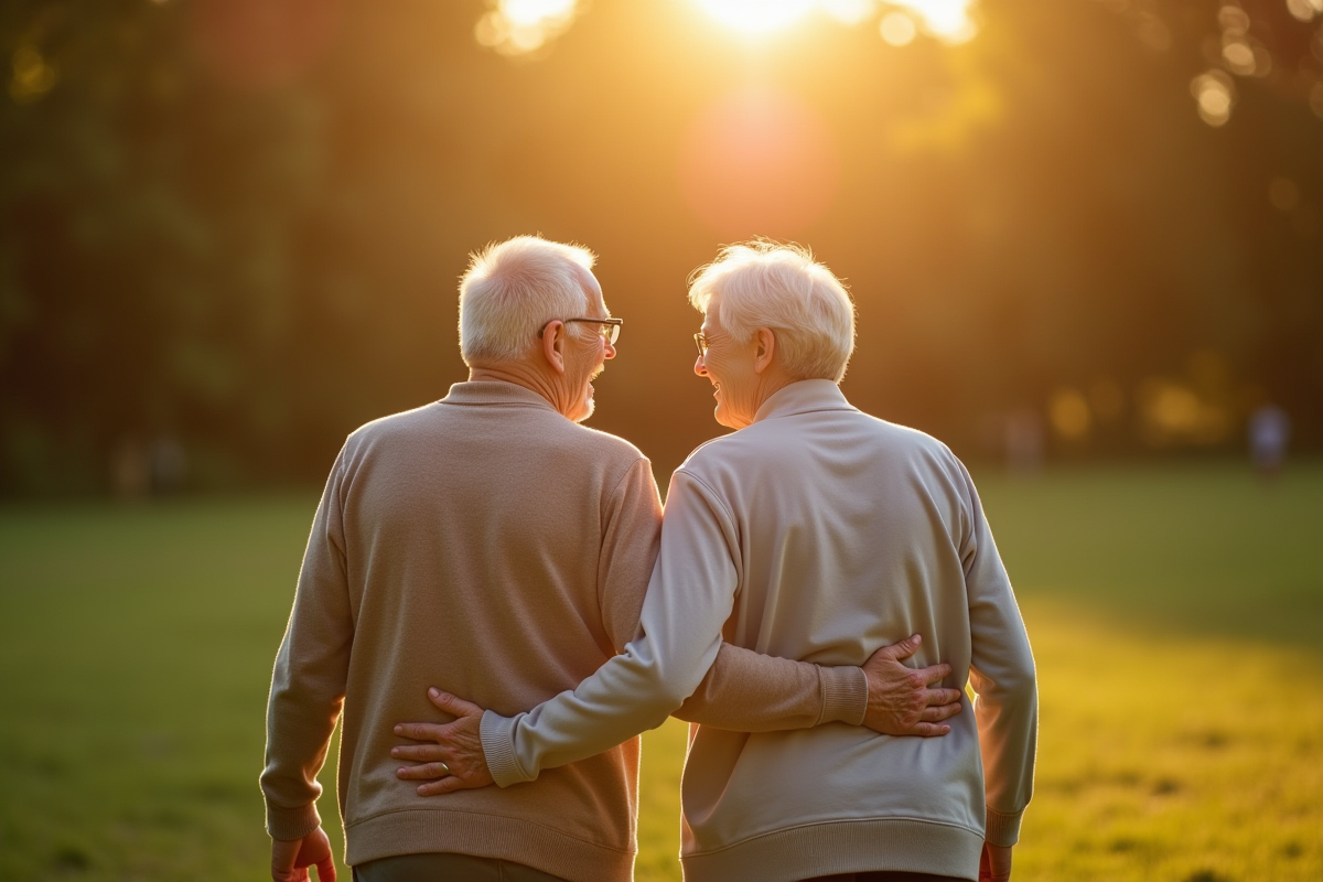 Couple agee marchant dans un parc au coucher de soleil
