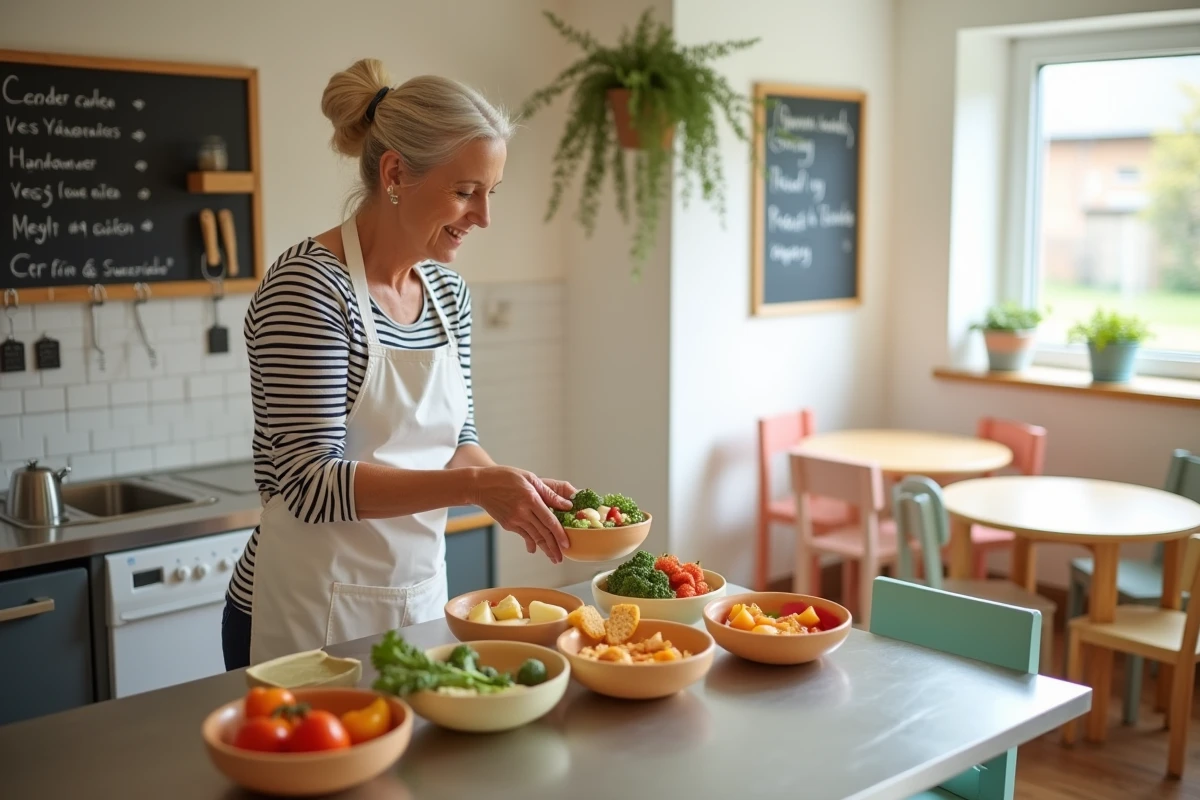 Cuisinière préparant des repas équilibrés pour les enfants dans la cantine d'une garderie halte