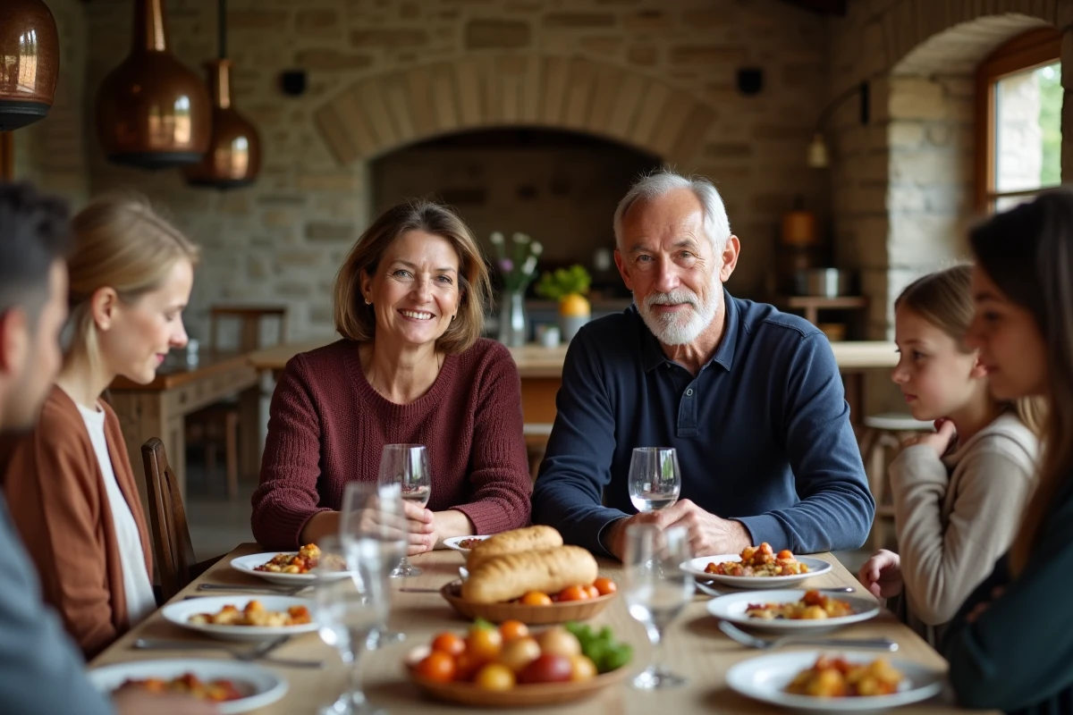 Repas en famille autour d'une grande table en bois rustique dans une ferme française, scène conviviale de vie familiale