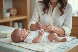Mère appliquant un répulsif moustique adapté aux bébés sur le bras de son nourrisson dans une chambre d'enfant en bois clair
