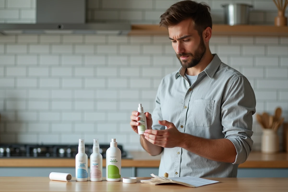 Père lisant attentivement l'étiquette d'un répulsif anti-moustiques pour bébé dans une cuisine moderne, entouré de plusieurs produits
