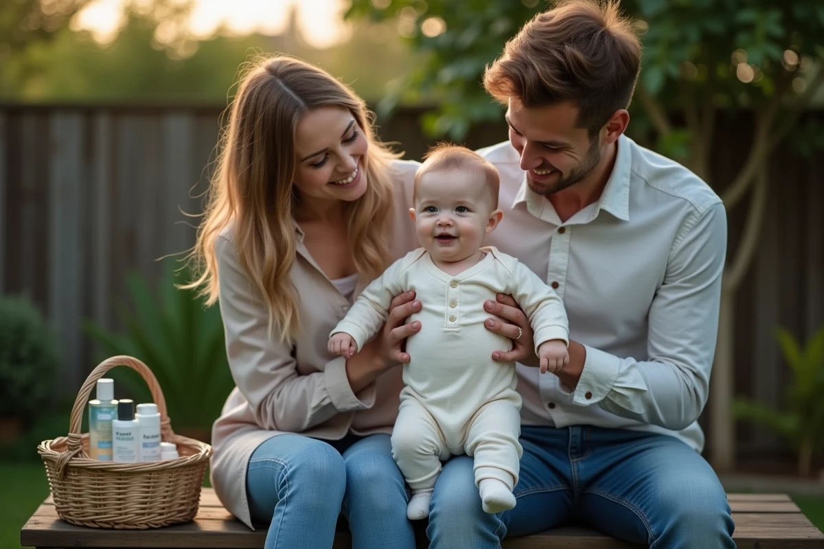 Jeune couple habillant leur bambin en tenue protectrice anti-moustiques dans un jardin verdoyant en extérieur