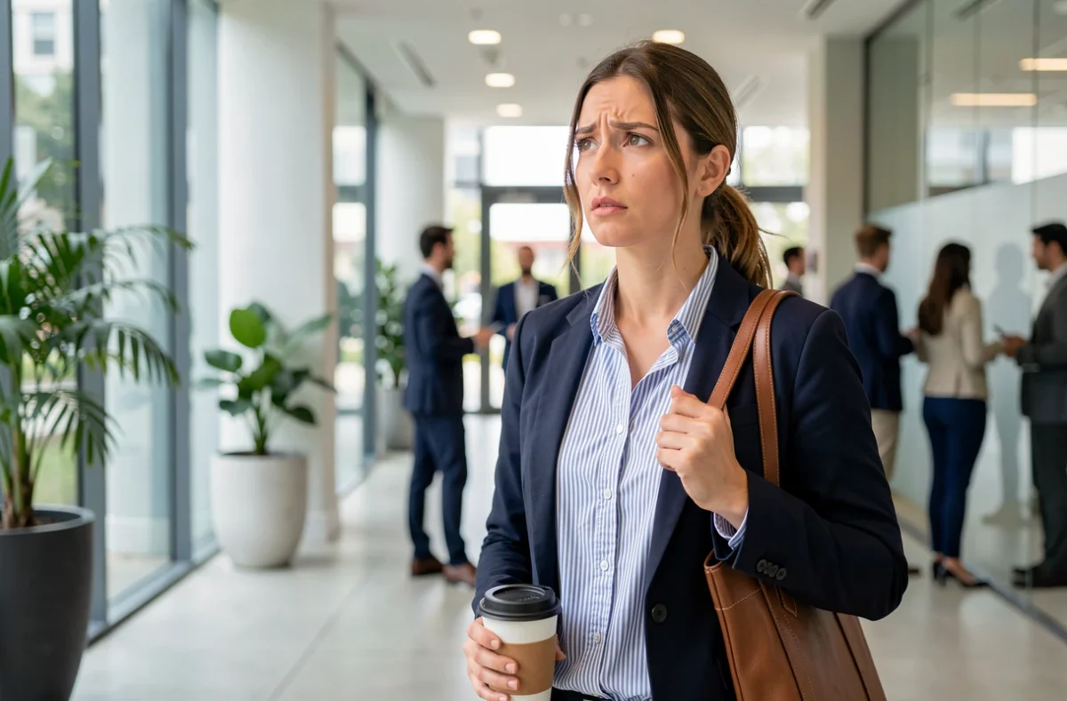 Femme reprenant le travail après son congé maternité dans un bureau moderne, tenant un café