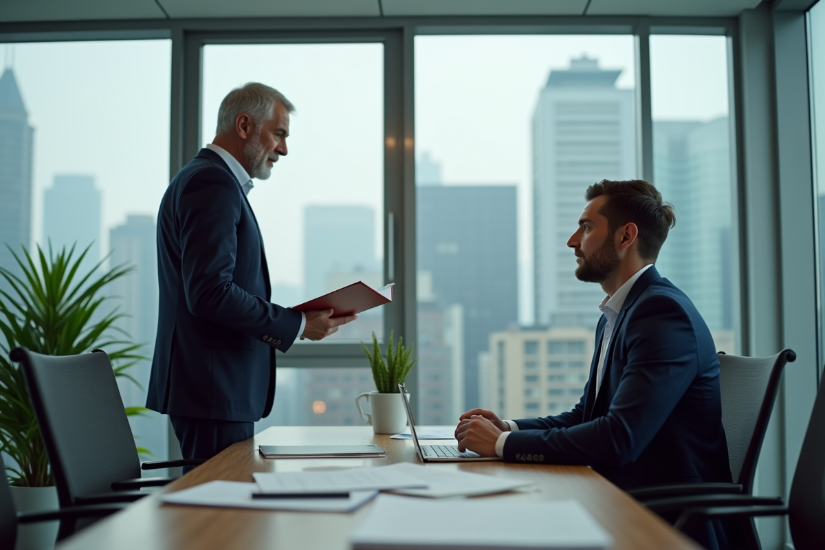 Manager et employé en discussion dans un bureau moderne