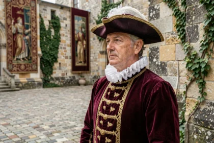 Reconstitution historique d'un roi français du XVIIe siècle en costume d'époque devant un château Renaissance