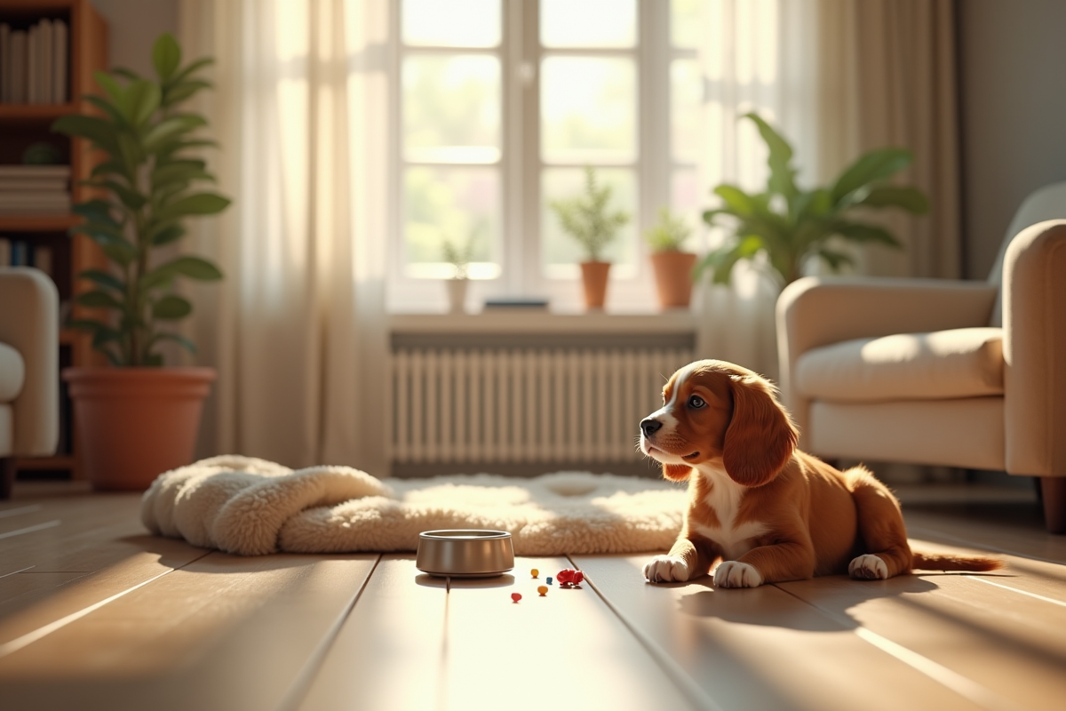 Salon lumineux avec panier pour chiot Brittany Spaniel
