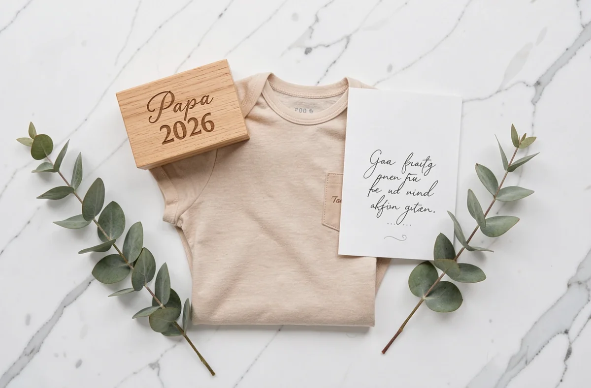Sélection de cadeaux tendance pour annoncer une grossesse au papa en 2026, vue de dessus sur marbre blanc