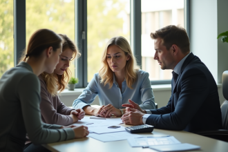 Couple séparé discutant avec un conseiller financier dans un bureau lumineux