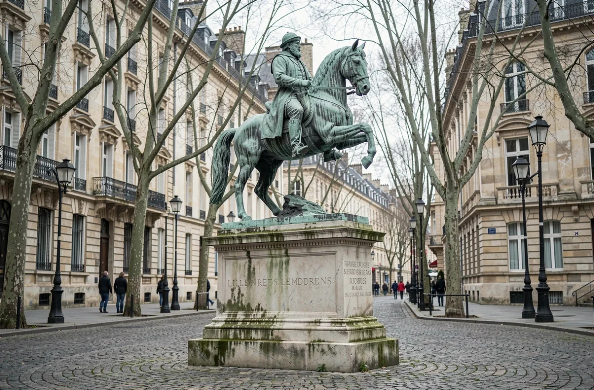 Statue équestre en bronze d'un roi français de la Renaissance sur une place historique aux pavés anciens