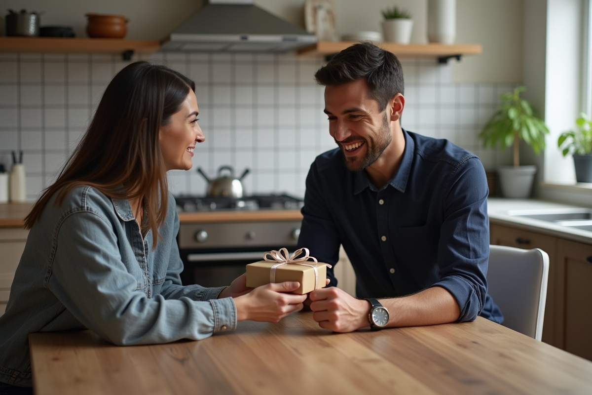 Homme surpris recevant un cadeau de sa femme dans la cuisine