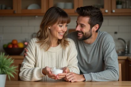 Couple attendant un bébé réalisant le test du sel fille ou garçon dans une cuisine chaleureuse