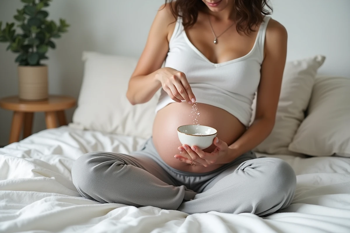 Femme enceinte testant le test du sel sur son bras dans une chambre apaisante