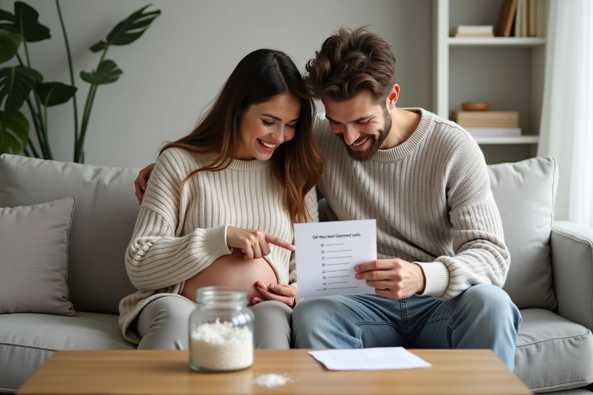 Couple enceint lisant les instructions du test du sel sexe du bébé dans un salon moderne