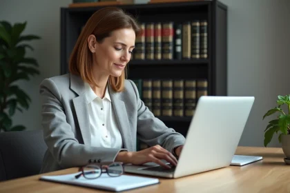 Tutrice légale consultant le logiciel Mon Proxima sur son ordinateur portable dans un bureau professionnel