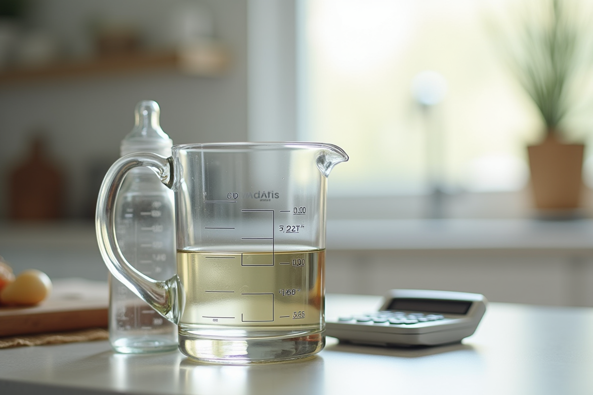 Verre mesureur rempli à 60 cl avec biberon et calculatrice moderne