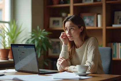 Femme parcourant des informations personnelles la concernant sur internet dans un bureau à domicile chaleureux, illustrant les questions de vie privée à l'ère numérique
