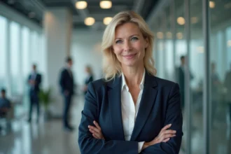 Femme cadre dirigeante syndicale en blazer marine dans un bureau moderne, portrait semi-professionnel illustrant la vie publique et privée d'une personnalité